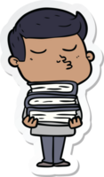 sticker of a cartoon model guy pouting holding books png