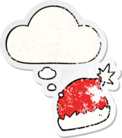 cartoon santa hat with thought bubble as a distressed worn sticker png