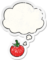 cartoon tomato with thought bubble as a distressed worn sticker png