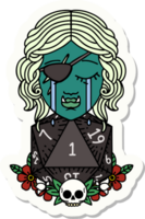 sticker of a crying half orc rogue character with natural one D20 roll png