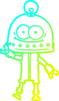 cold gradient line drawing of a happy carton robot with light bulb png