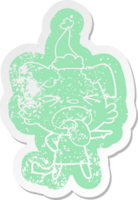 quirky cartoon distressed sticker of a disgusted dog wearing santa hat png