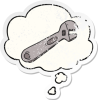 cartoon spanner with thought bubble as a distressed worn sticker png