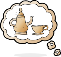 cartoon coffee pot and cup with thought bubble png