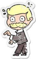 distressed sticker of a cartoon man with mustache making a point png