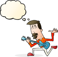homem dos desenhos animados tocando guitarra elétrica com balão de pensamento png