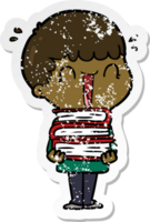 distressed sticker of a laughing cartoon man holding stack of books png