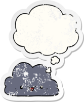 mignonne dessin animé nuage avec pensée bulle comme une affligé usé autocollant png