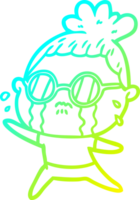 cold gradient line drawing of a cartoon crying woman wearing spectacles png