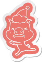 angry quirky cartoon  sticker of a pig wearing santa hat png