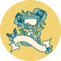 tattoo style icon with banner of an hour glass and flowers png