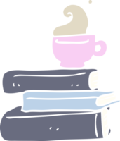 flat color illustration cartoon books and cup of coffee png