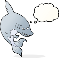 Tiburón de divertidos dibujos animados con burbujas de pensamiento png