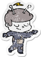 distressed sticker of a friendly cartoon spaceman pointing png