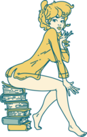 imagem de estilo de tatuagem icônica de uma garota pinup sentada em livros png