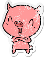 distressed sticker of a happy cartoon pig png