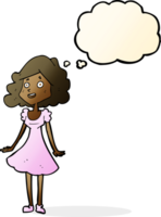 cartone animato contento donna nel vestito con pensato bolla png