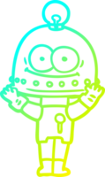 cold gradient line drawing of a happy carton robot with light bulb png