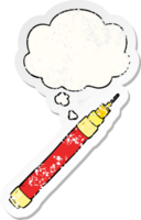 cartoon pen with thought bubble as a distressed worn sticker png