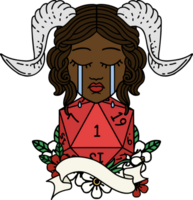 Retro Tattoo Style crying tiefling with natural one D20 roll png