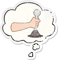 cartoon hand pulling lever with thought bubble as a distressed worn sticker png