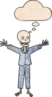 cartoon skeleton wearing pajamas with thought bubble in grunge texture style png