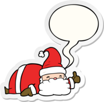 dessin animé somnolent Père Noël donnant les pouces en haut symbole avec discours bulle autocollant png