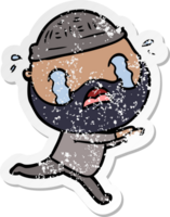 distressed sticker of a cartoon bearded man crying png