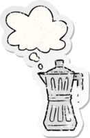 cartoon espresso maker with thought bubble as a distressed worn sticker png