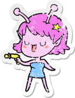 distressed sticker of a happy alien girl cartoon png