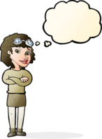 cartoon woman with crossed arms and safety goggles with thought bubble png