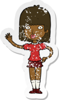 retro distressed sticker of a cartoon woman waving png