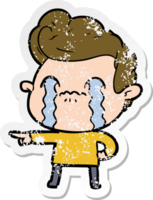 distressed sticker of a cartoon man crying png