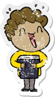 distressed sticker of a cartoon happy man png