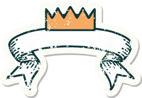 worn old sticker with banner of a crown png