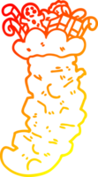 warm gradient line drawing of a cartoon christmas stocking stuffed with toys png