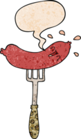 cartoon happy sausage on fork with speech bubble in retro texture style png