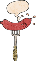 desenho animado feliz linguiça em garfo com discurso bolha dentro retro textura estilo png