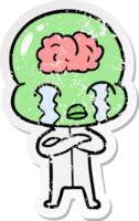 distressed sticker of a cartoon big brain alien crying png