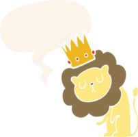 dessin animé Lion avec couronne avec discours bulle dans rétro style png
