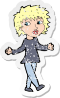 retro distressed sticker of a cartoon woman with no worries png