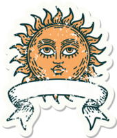 grunge sticker with banner of a sun with face png