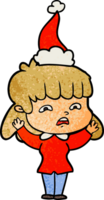 textured cartoon of a worried woman wearing santa hat png