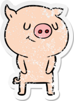 distressed sticker of a happy cartoon pig png