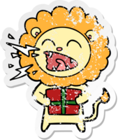 distressed sticker of a cartoon roaring lion with gift png