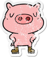 distressed sticker of a cartoon pig wearing boots png