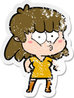 distressed sticker of a cartoon whistling girl png