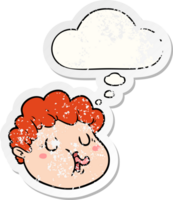 cartoon male face and thought bubble as a distressed worn sticker png