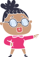 flat color style cartoon pointing woman wearing spectacles png