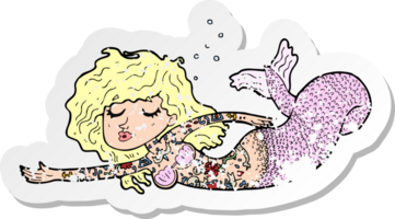 retro nödställd klistermärke av en tecknad sjöjungfru täckt av tatueringar png